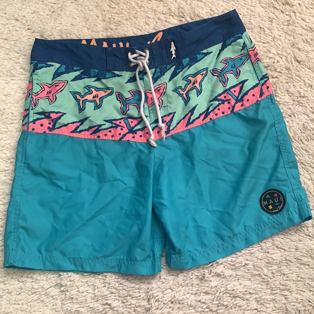 Maui & Sons 1980 Teal Surfer Print Board Shorts